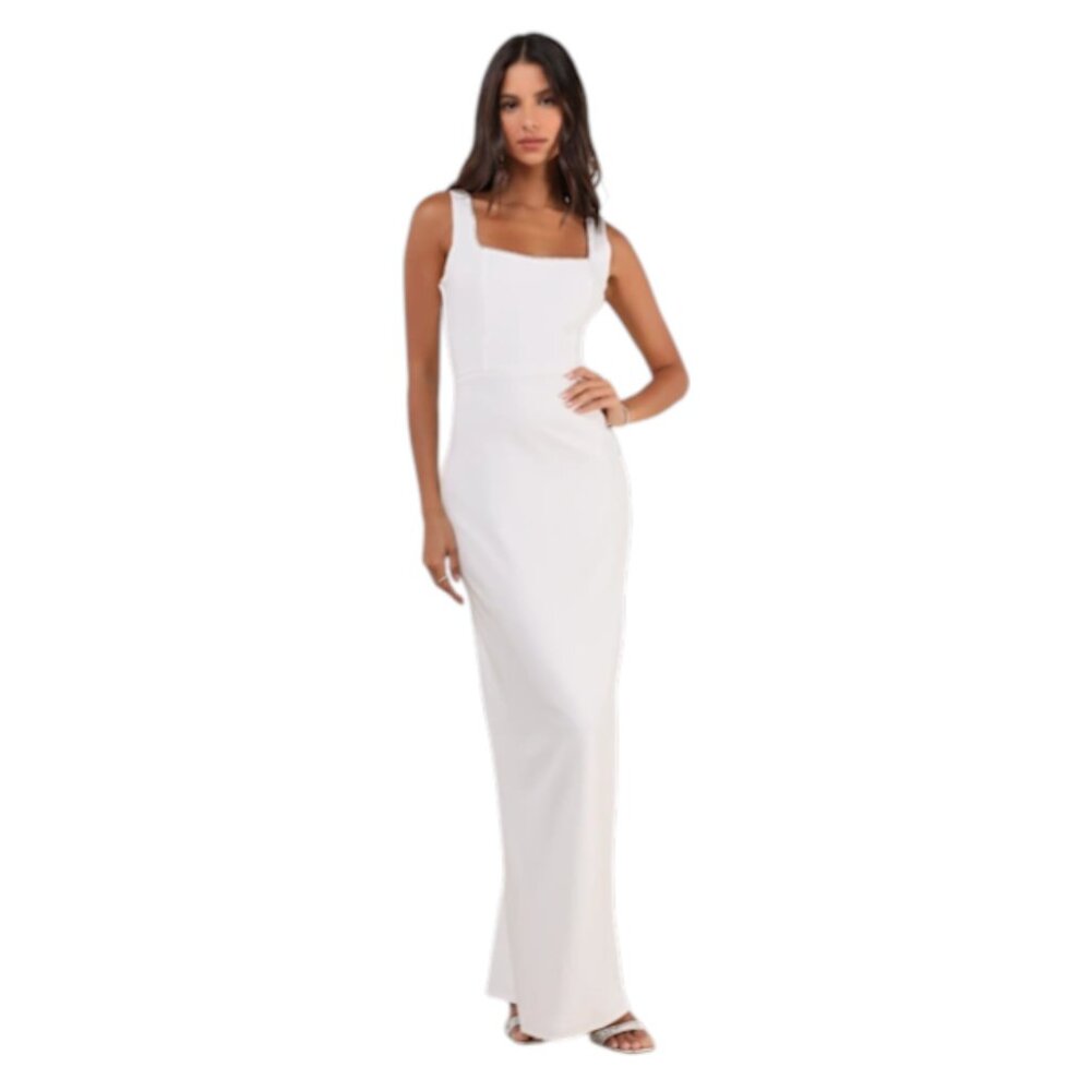 Lulus Backless White Formal Maxi Dress with Rhinestone Neckline NWT Size Small